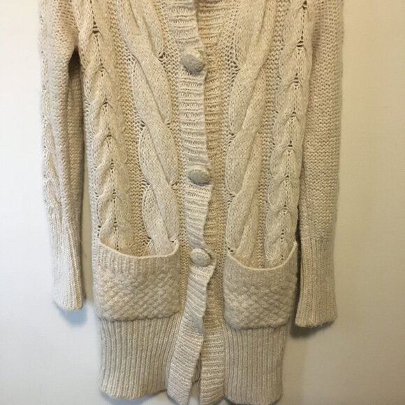 Y2K Tomboy Jeans Long Chunky Cream Cable Knit Wool Blend Button Up Sweater - Picture 4 of 15